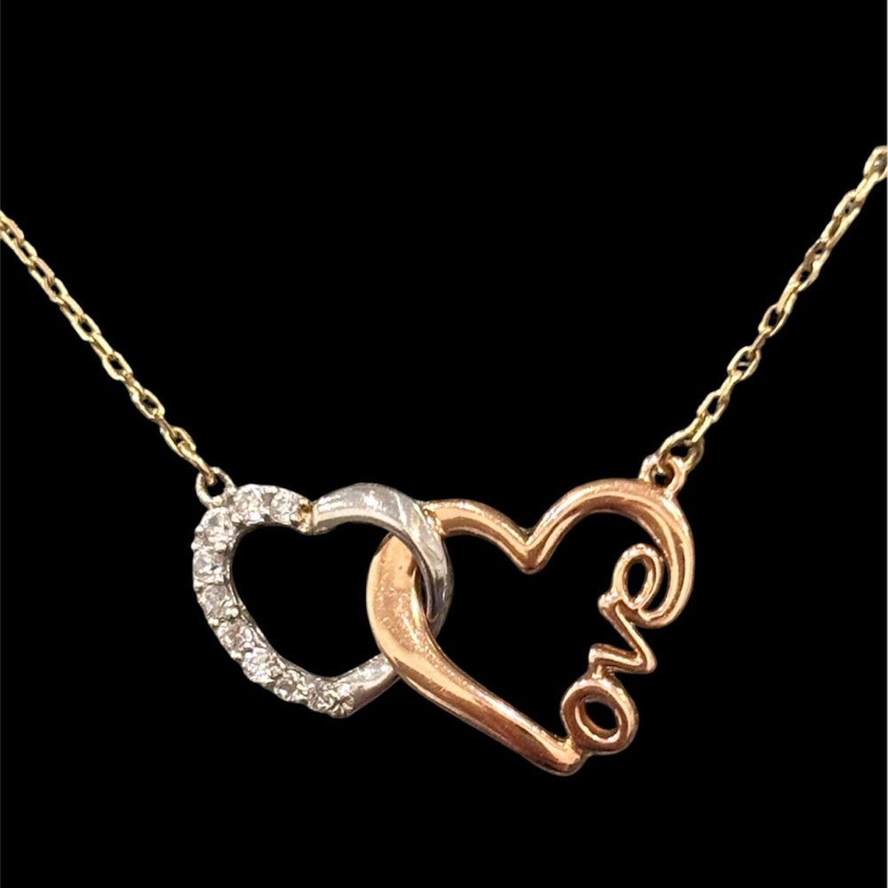 14K Tri-Color Gold Intertwined Connected Double Hearts Love Script Necklace 18"